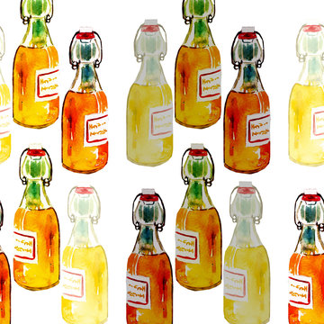 Glass bottles, watercolor hand painting