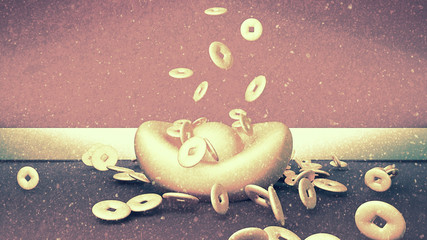 3d rendering picture of Chinese New Year greeting card. Lots of ancient gold coins falling from above. Big ingot, sycee or yuanbao object. Artistic grungy texture filter effect.