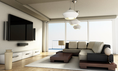 Modern 4K smart TV room with large windows and parquet floor. 3D illustration