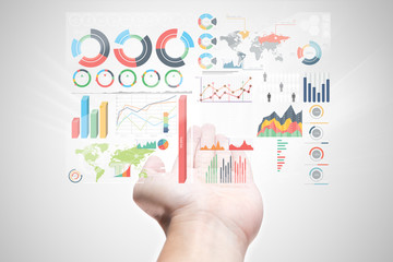 bring business marketing information in your hand . modern exclusive management chart infographic display on over in manager male open palm on white background