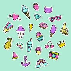 Set of pop art signs, pins, stickers. Heart, diamond, anchor, fruits, ice creams. Vector hand drawn illustration in a funny retro style