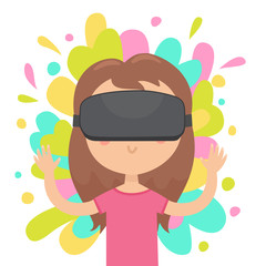 Girl in a virtual reality glasses. Bright background. Vector hand drawn cartoon illustration