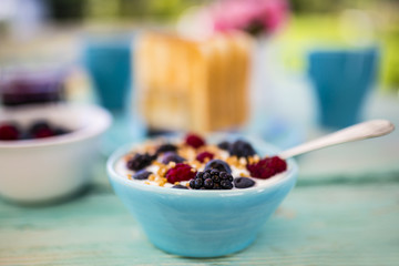 Healthy breakfast with quinoa with milk fresh berry fruit. 