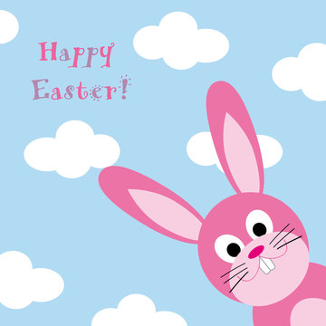 Happy Easter with fun pink rabbit and blue sky