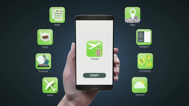 Touching Travel application on mobile screen, booking hotel, Airline, Map, Weather, Passport, Food, Money exchange icon.