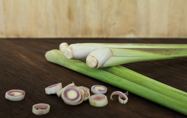 Soft focuse of  Lemon grass, Oil grass on wooden board or wooden