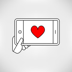 line icon love and heart on mobile smart phone for valentine