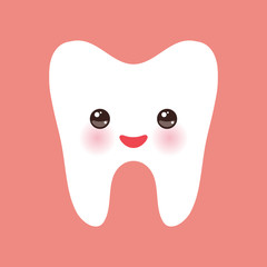 Smiling tooth with pink cheeks  in pink background. Vector