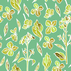 summer seamless pattern, leaves and flowers, orange and green on a green background. Vector