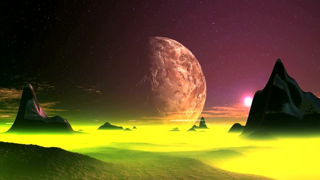 Sunset on an alien planet. On a dark starry sky rotates huge planet. Bright sun in an orange halo quickly sets over the horizon of an alien planet. Desert landscape covered with yellow mist.