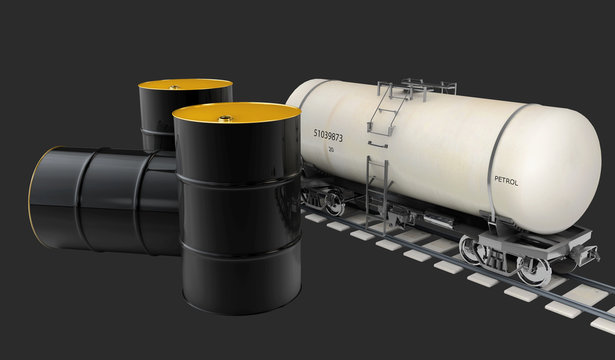 Black metal oil barrels and oil pump on black background, 3d Illustration.