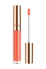 Obraz premium Copper red color lip gloss in elegant glass bottle with golden lid, closed and open container with brush exposed, isolated on white background, clipping path included