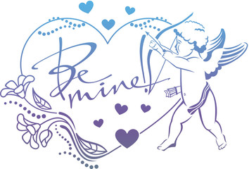 Cupid with bow hunting for hearts. Color gradient frame with Cupid, roses, hearts and artistic written text 