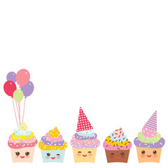 Happy Birthday Card design with Cupcake Kawaii funny muzzle with pink cheeks and winking eyes, pastel colors on white background. Vector