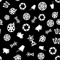 Cinema retro movies icons seamless pattern, tiling ornament on black. Vector illustration