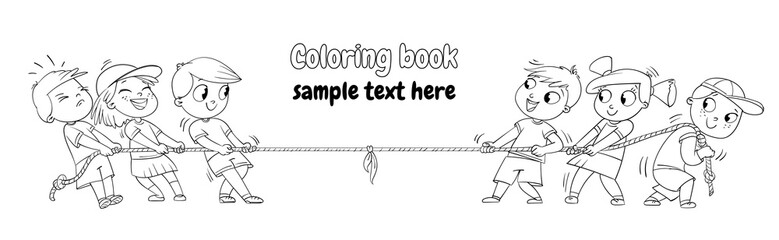 Kids playing tug of war. Coloring book