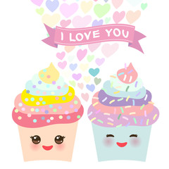 I love you Card design with Cupcake Kawaii funny muzzle with pink cheeks, pastel colors on white background. Vector