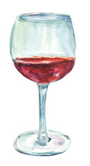 Glass of red wine, watercolor drawing, isolated on white