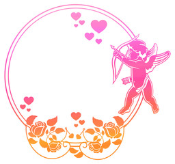 Cupid with bow hunting for hearts. Color gradient frame with Cupid, roses and hearts. Copy space. Raster clip art.