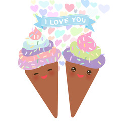 I love you Card design with chocolate Ice cream waffle cone Kawaii funny muzzle with pink cheeks, pastel colors on white background. Vector