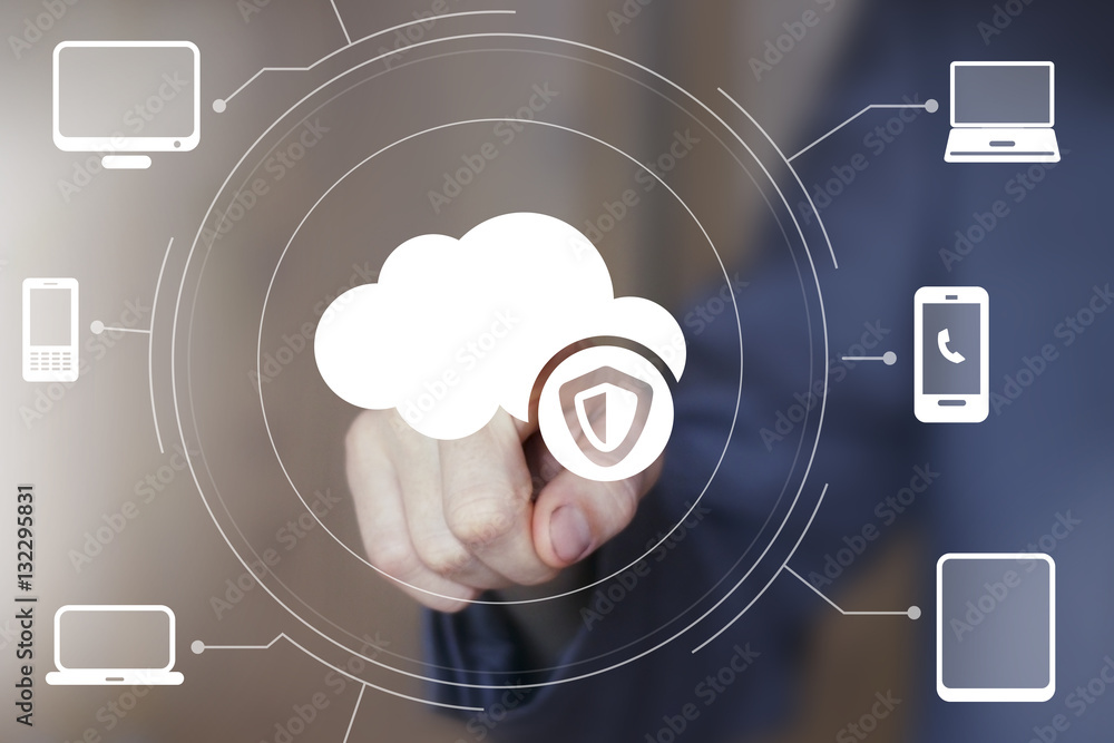 Poster businessman pressing button cloud virus security shield interface network computer