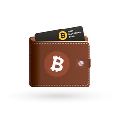 Bitcoin wallet logo with bank card. Vector logo of the purse with the symbol of the cryptocurrency