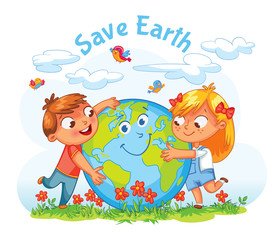 Earth Day. Boy and girl hugging the Globe