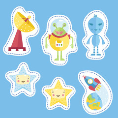 Space cartoon stickers. Antenna, blue and dressed in spacesuit aliens, spaceship flying from Earth, smiling cute stars vectors isolated on blue background. Counters, tokens for table games, price tags