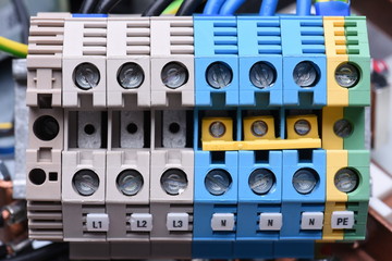 Power supply electrical terminals with cables close up
