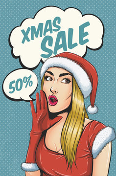 Pop art christmas sexy woman in Santa Claus hat with open mouth. Christmas background in pop art retro comic style.