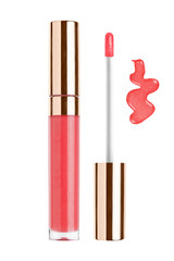 Intense red color lip gloss with glitter particles in elegant glass bottle with golden lid, closed and open container with brush exposed and smeared stroke sample, isolated on white background