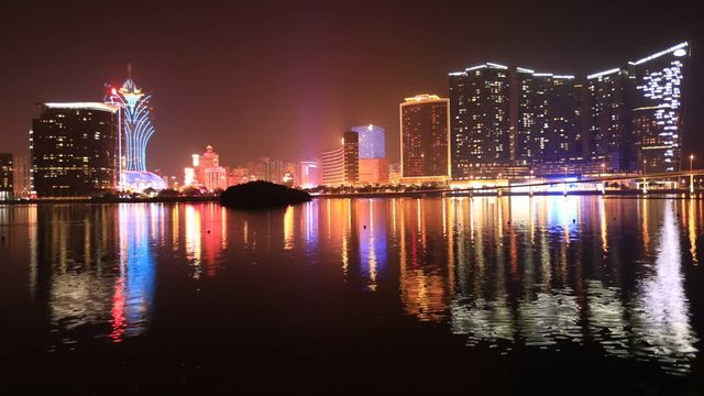 Cityscape timelapse of Macao Casinos and Hotels reflecting in Nam Van Lake, a man-made lake in southern end of Macao Peninsula. At night.