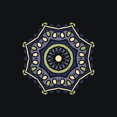 Large flower mandala on a dark blue background. Kaleidoscope big bud
