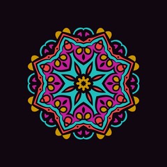 Large flower mandala on a dark blue background. Kaleidoscope big bud