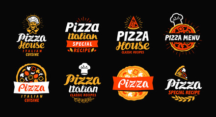 Pizza logo, label, element. Pizzeria, restaurant, food set icons. Vector illustration - obrazy, fototapety, plakaty
