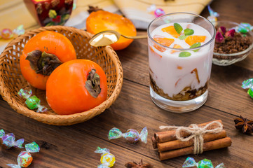 freshness cut fruit, persimmon on honey yogurt