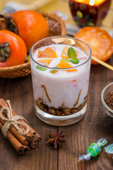 freshness cut fruit, persimmon on honey yogurt