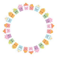 Round frame for your text. Funny happy house set, kawaii face, smile, pink cheeks, big eyes. pastel colors isolated on white background. Vector