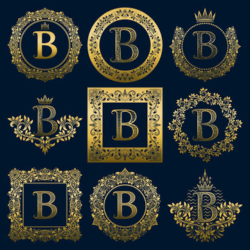 Vintage monograms set of B letter. Golden heraldic logos in wreaths, round and square frames.