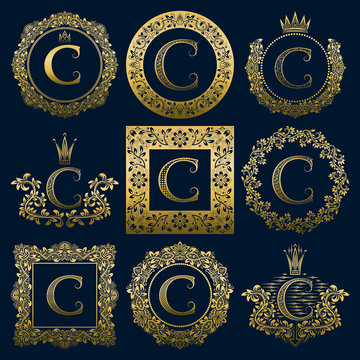 Vintage monograms set of C letter. Golden heraldic logos in wreaths, round and square frames.