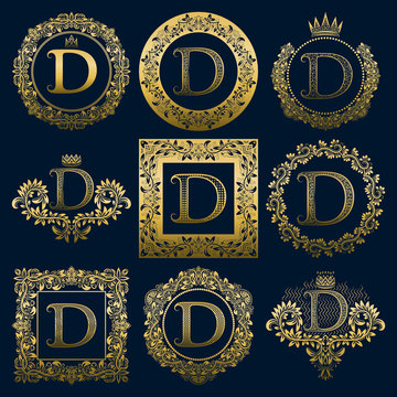 Vintage monograms set of D letter. Golden heraldic logos in wreaths, round and square frames.