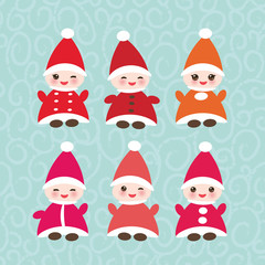 Happy New Year card, set Funny gnomes in red hats on blue background. Vector