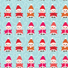 Happy New Year Funny gnomes in red hats seamless pattern on blue background. Vector