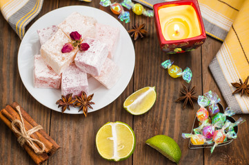 Delight, or Lokum - sweetness of sugar flour, with addition starch, and nuts. The most common Turkish , which is now referred to simply as .Wooden background. Top view