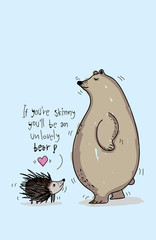 Hand-drawn illustration Hedgehog love bears. - 132300828