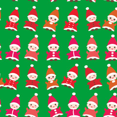 Happy New Year Funny gnomes in red hats seamless pattern on green background. Vector