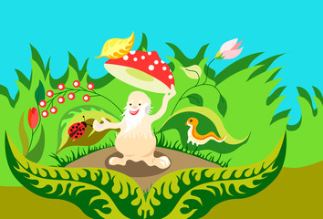 Jolly old man fly agaric mushroom takes off his hat in greeting. Vector