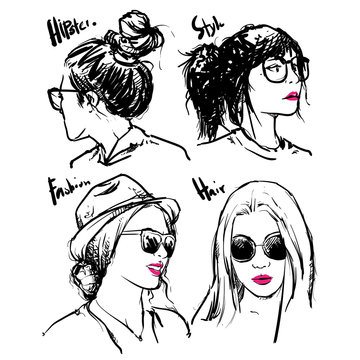 Hand drawn vector fashion girls hipster outline, clip art