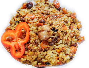 Ready pilaf on a white background.