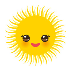 Kawaii funny yellow sun with pink cheeks and eyes on white background. Vector